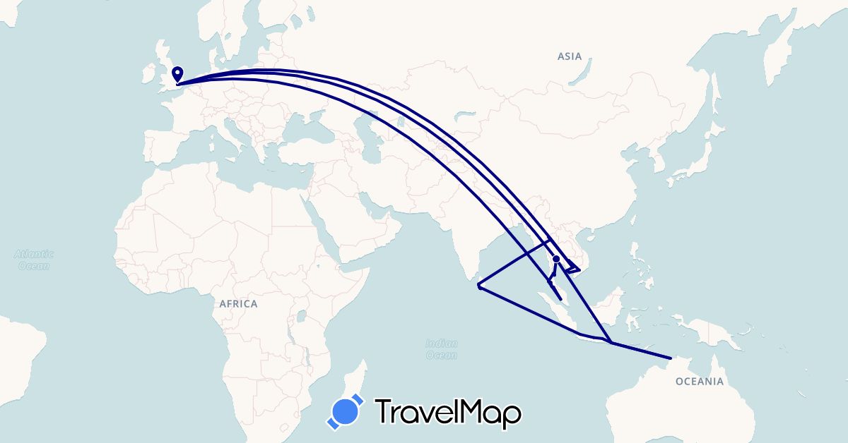 TravelMap itinerary: driving in Australia, United Kingdom, Indonesia, Cambodia, Sri Lanka, Malaysia, Thailand, Vietnam (Asia, Europe, Oceania)